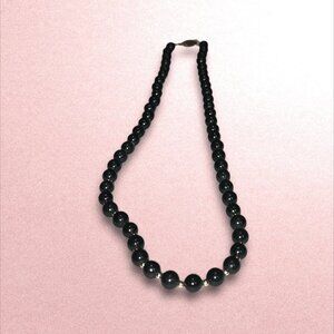 Vintage Black Beaded Necklace With Gold-Tone Accents & Clasp